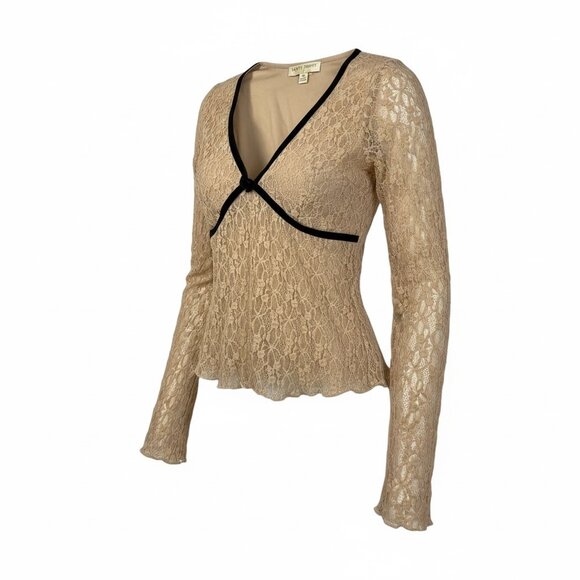 Thirty Thirty LA Nude Lace Long Sleeve Sheer Overlay Top Size Small Y2K Boho - Picture 2 of 7